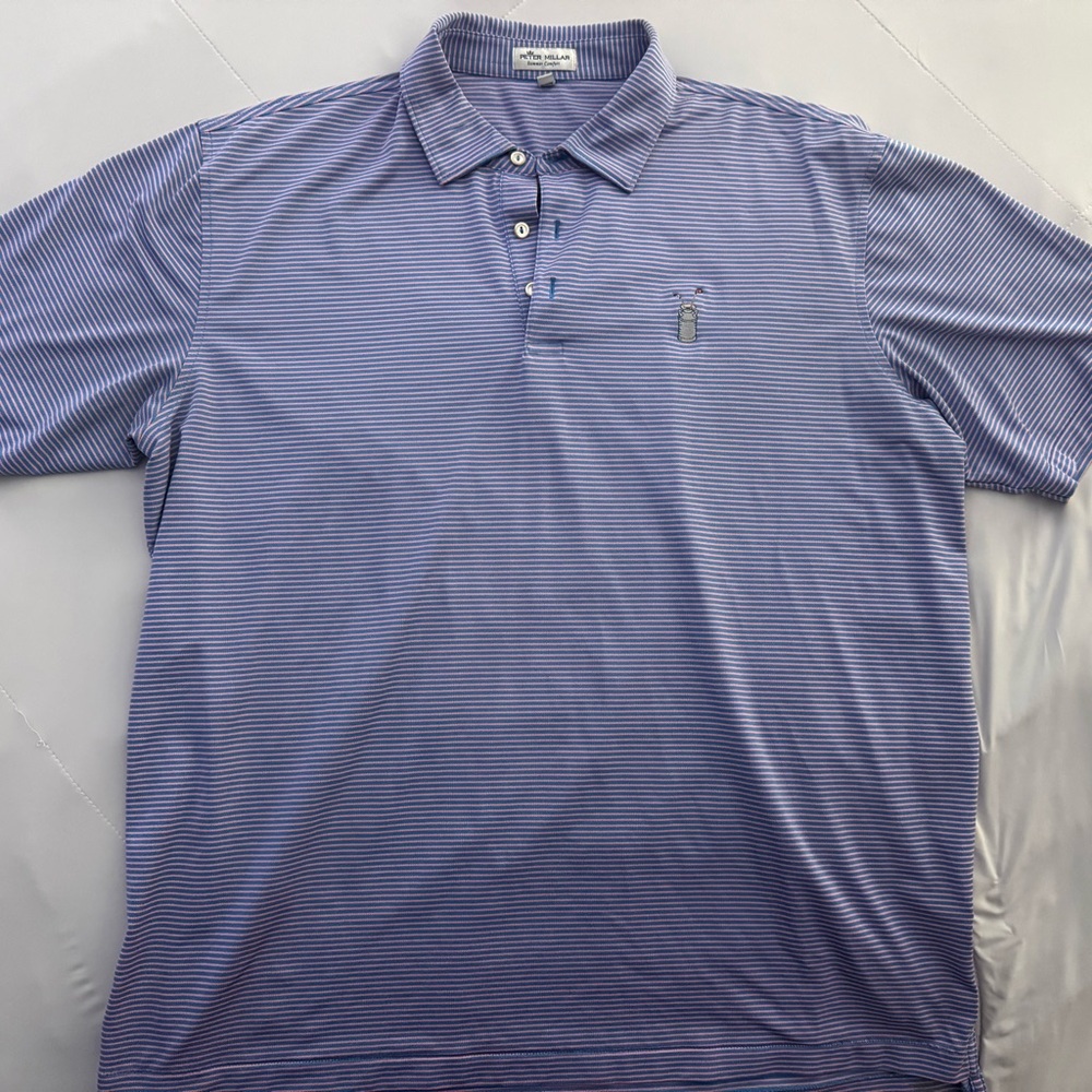 Peter Millar Summer Comfort Polo Men XL Blue Pink Stripe Golf Shirt Embroidered